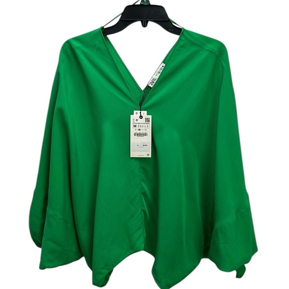 Zara Emerald Green V Neck Tie Sleeves Fluid Blouse Top Medium 4437 054 - Picture 1 of 16